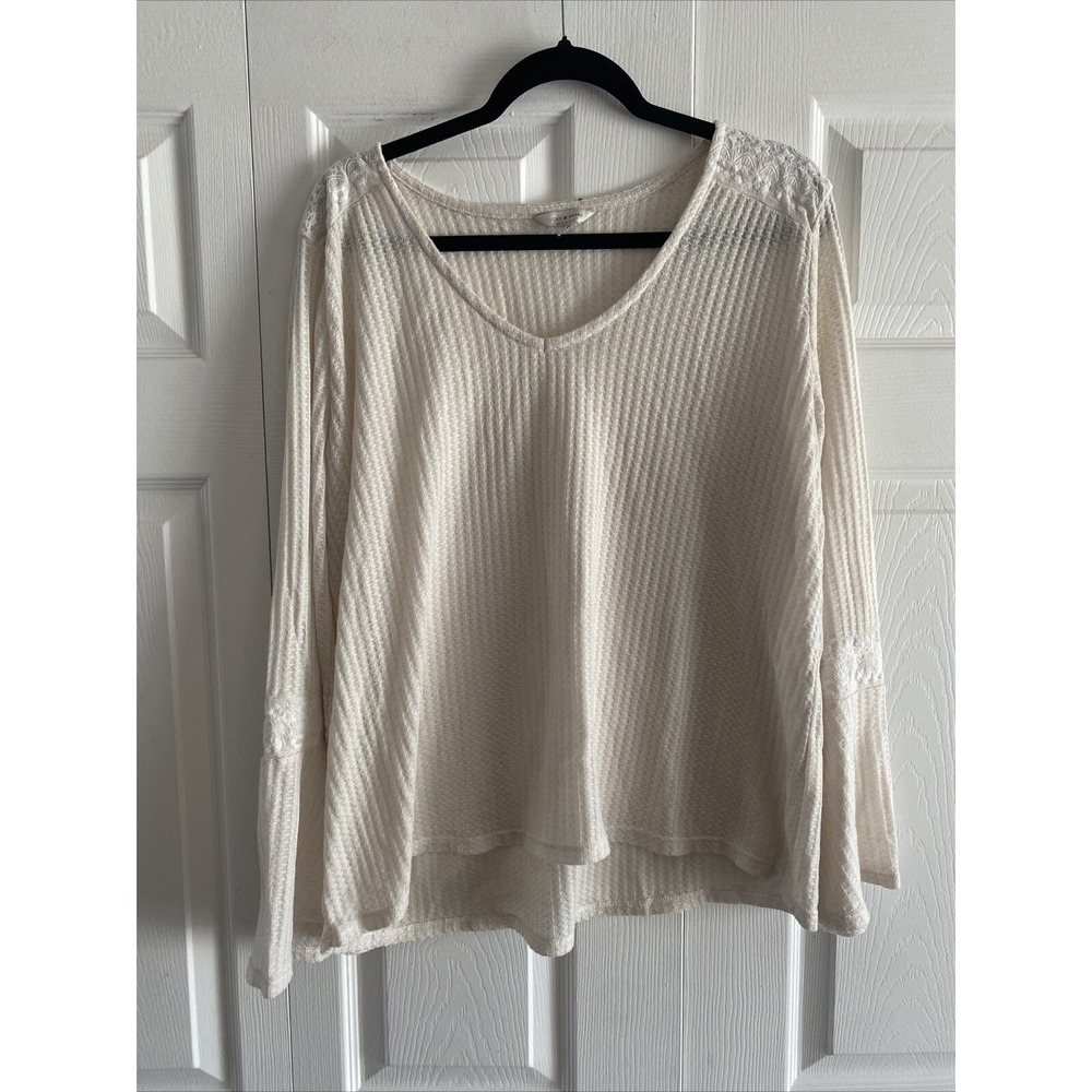 Lucky Brand Boho Waffle Knit Bell Sleeve Top Womens Size XL Cream Crochet Lace